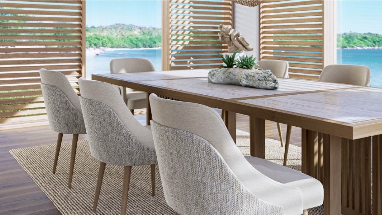 A stylish dining area featuring a wooden table with a decorative centerpiece and comfortable upholstered chairs.