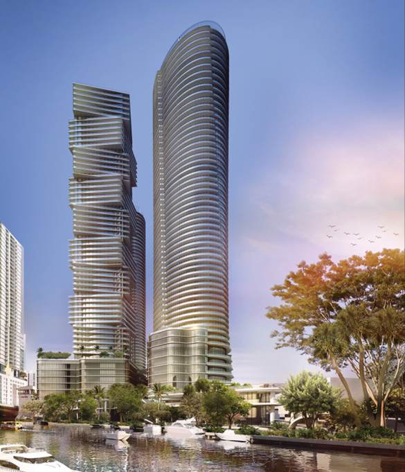 Two modern high-rise buildings with distinct architectural designs, one featuring a smooth, curved facade and the other with a unique stepped structure.