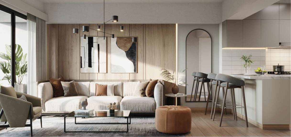 A modern and stylish living room with a neutral color palette, featuring a comfortable beige sectional sofa adorned with decorative cushions, a glass coffee table, and a leather ottoman.