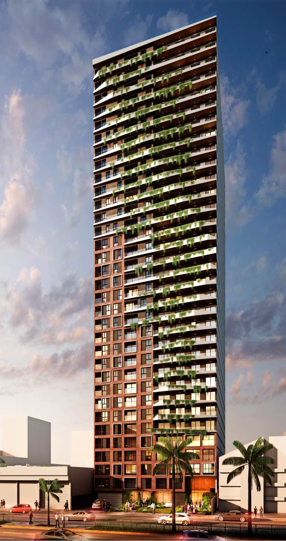 A tall modern residential building with a unique facade featuring alternating balconies adorned with greenery.